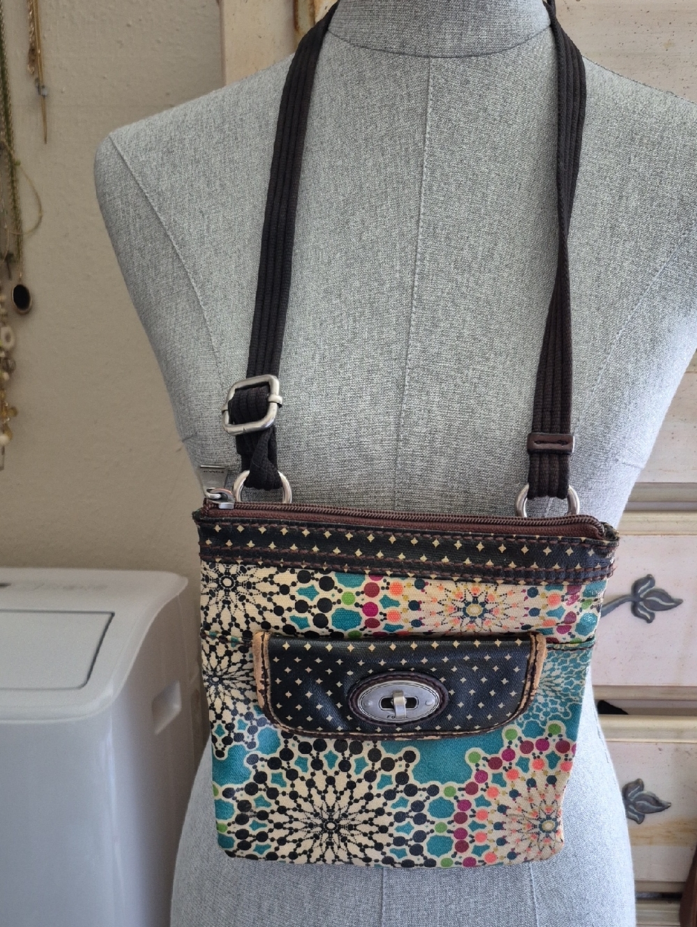 Fossil Multicolor Floral Mosaic Crossbody with Dark Brown Strap